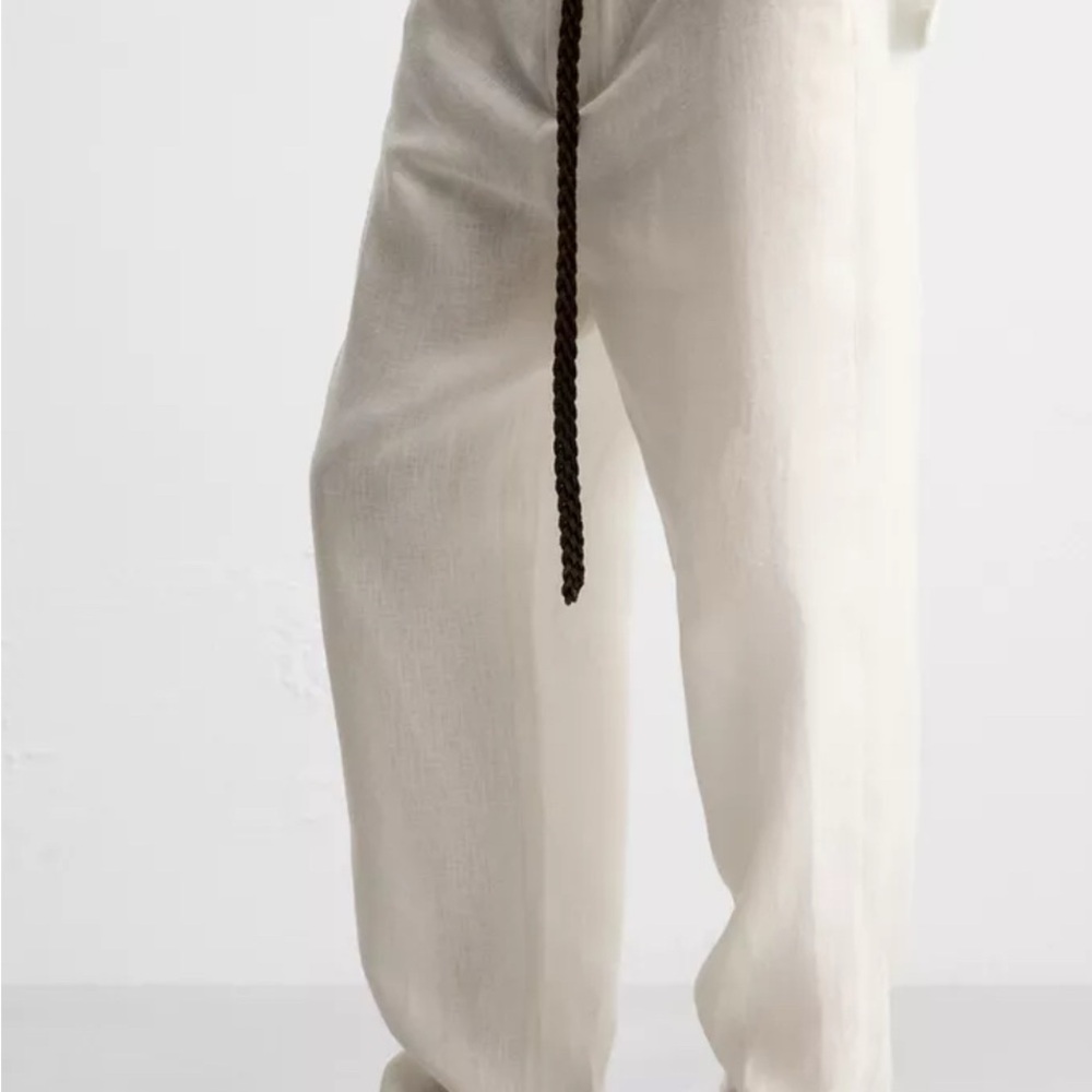 Cream Linen Pants with Black Drawstring